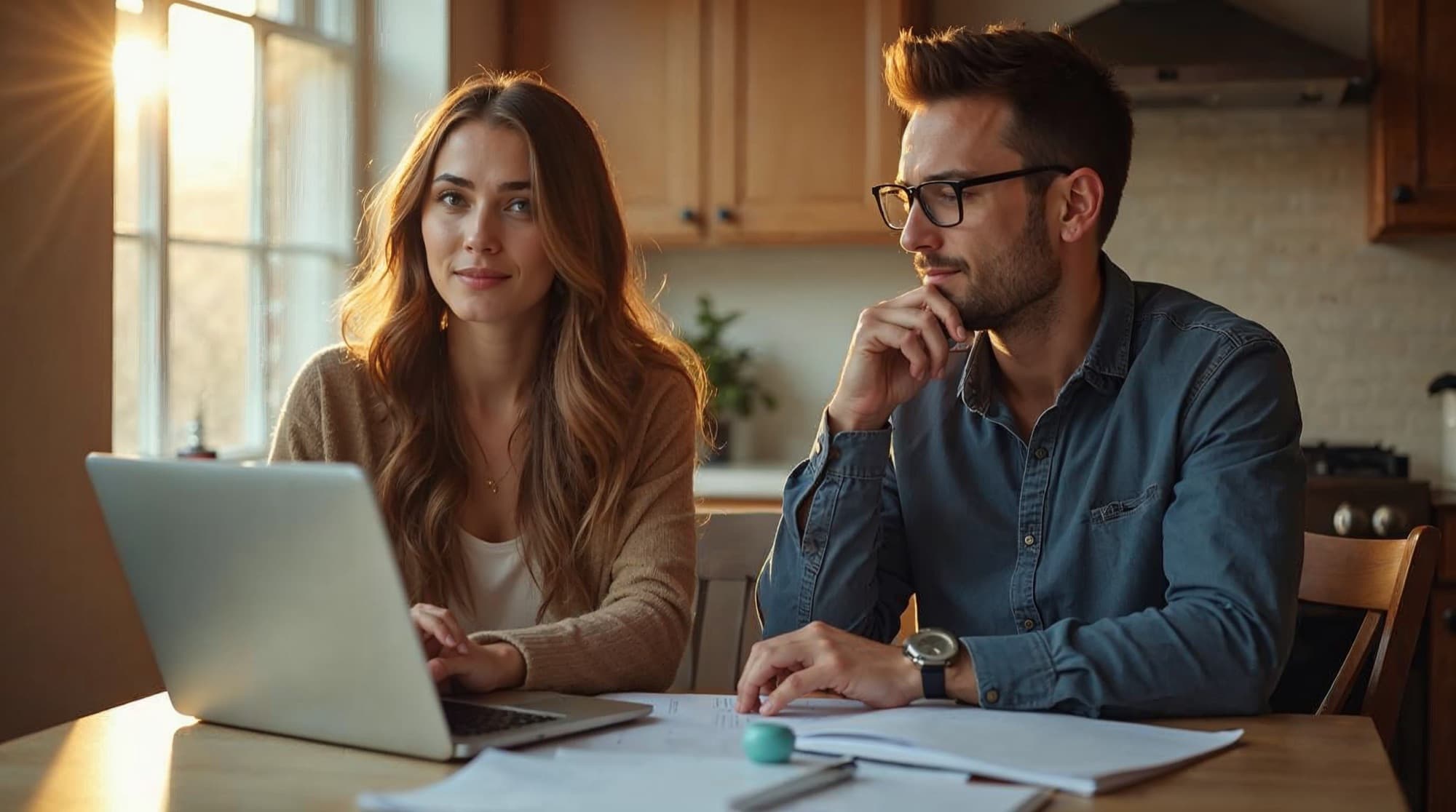 A young couple reviewing a home search together at their kitchen table