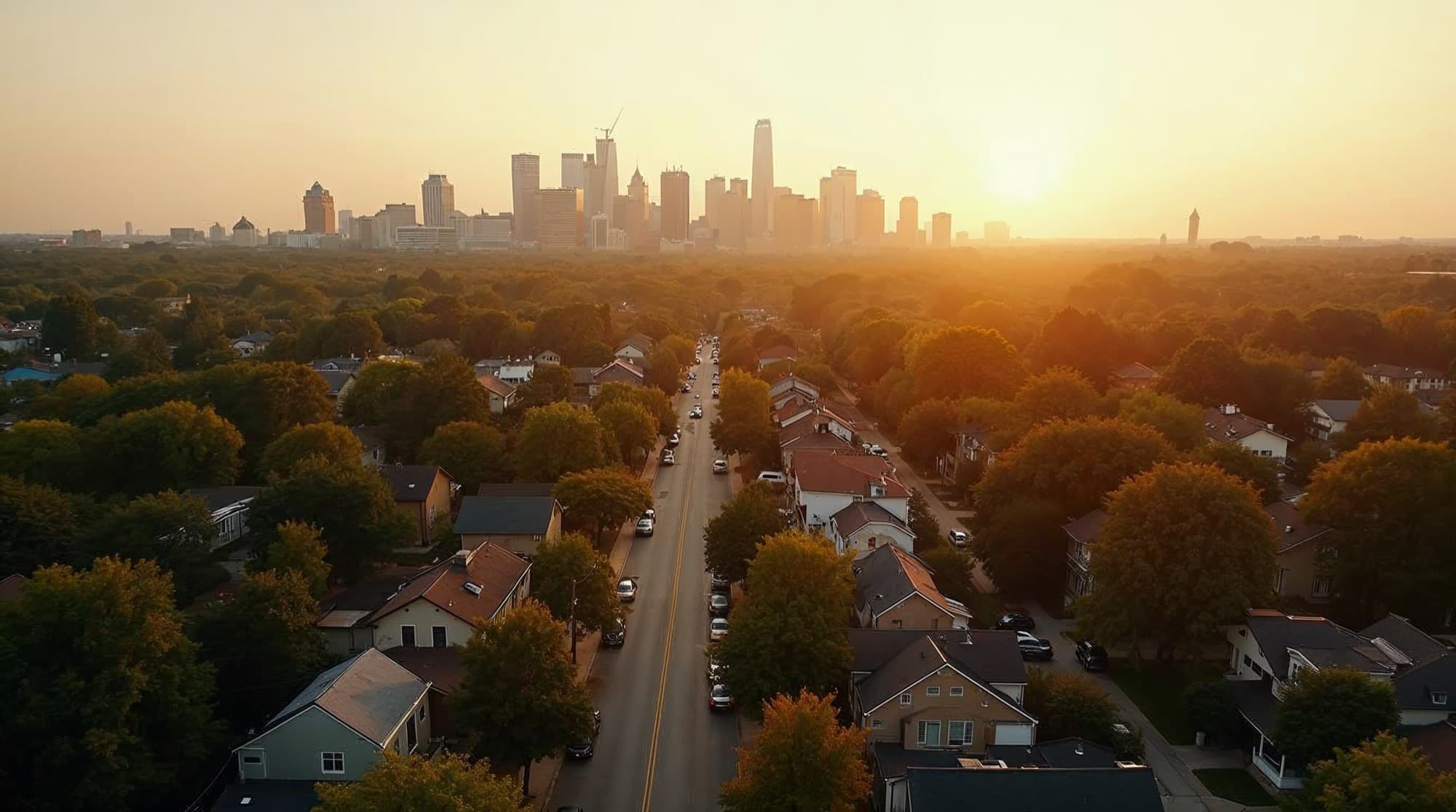 A Nashville residential neighborhood at golden hour with the downtown skyline in the distance