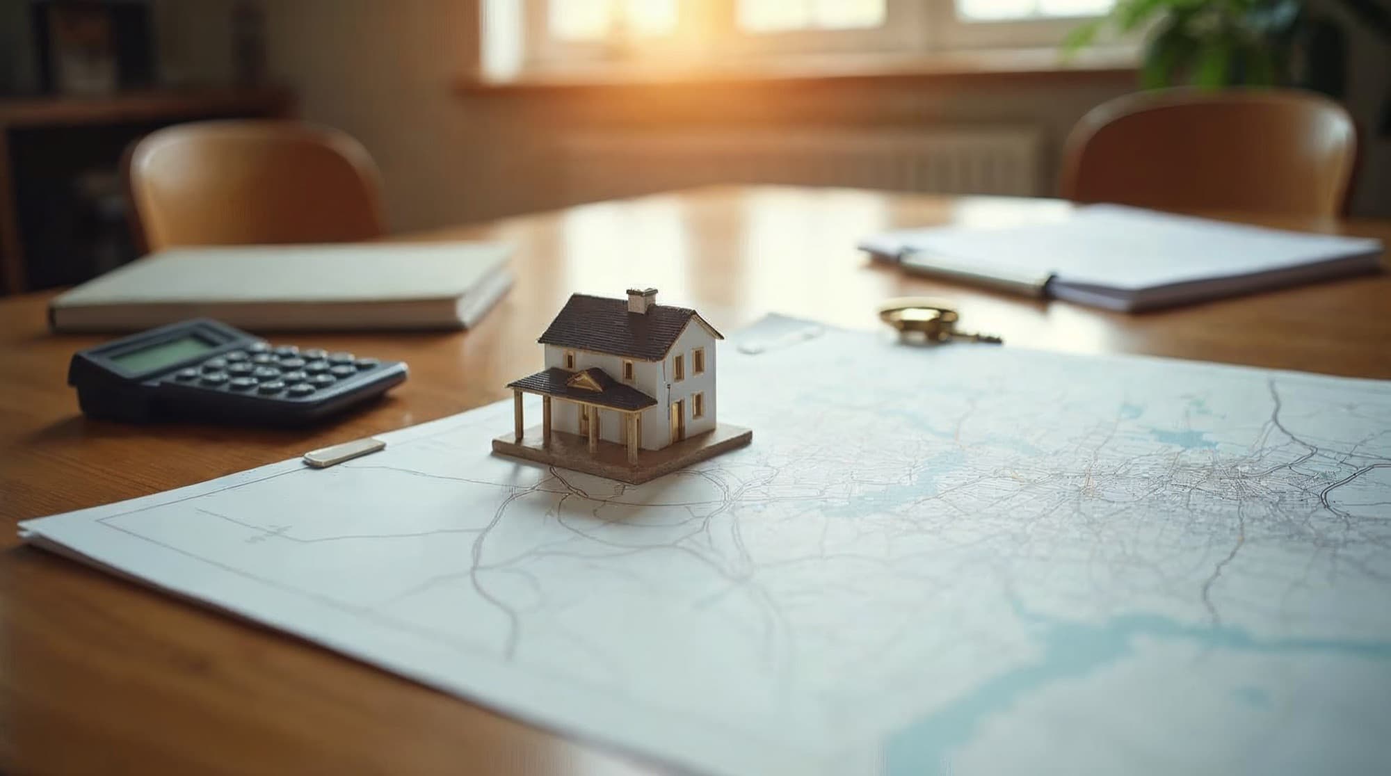 A conceptual home-closing still life with a model house, keys, calculator, and map