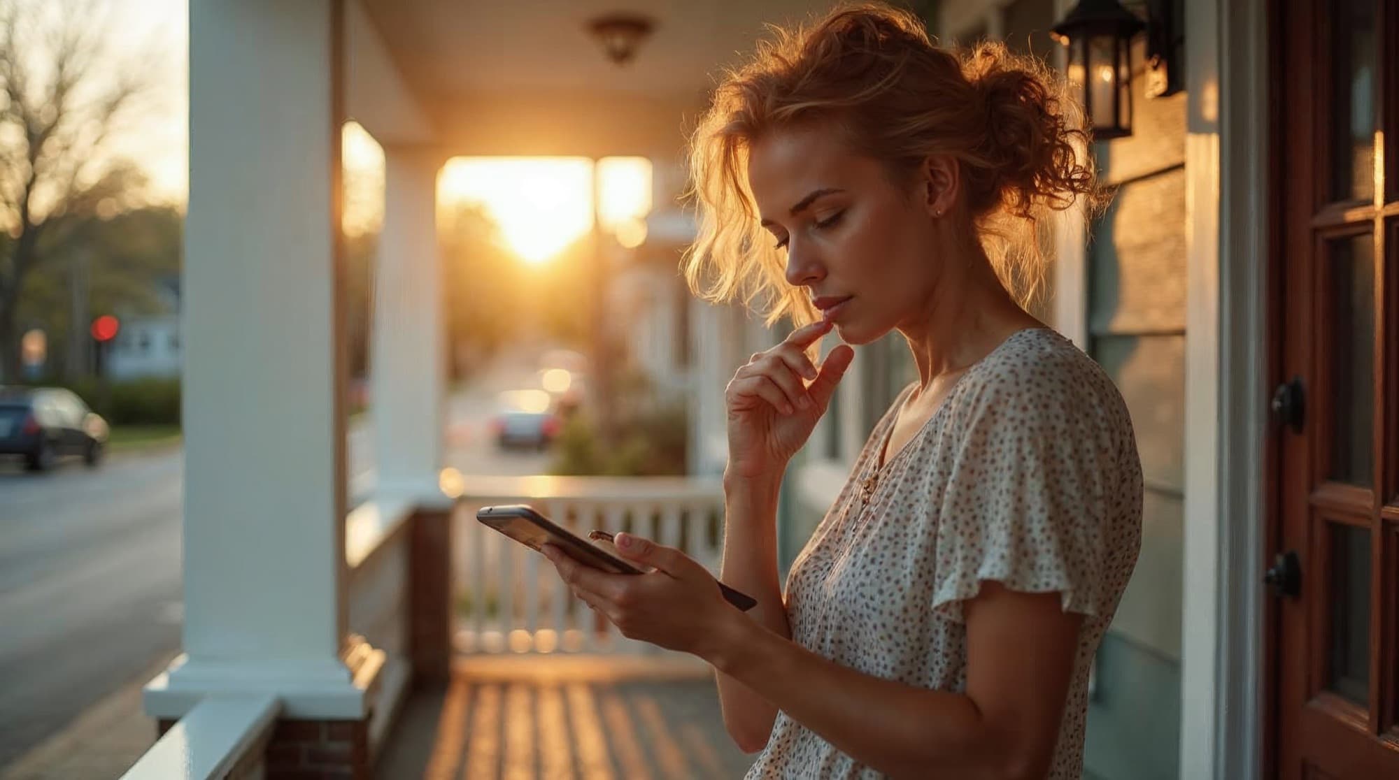 A Nashville homebuyer reviewing options on a tablet near a sunlit front porch