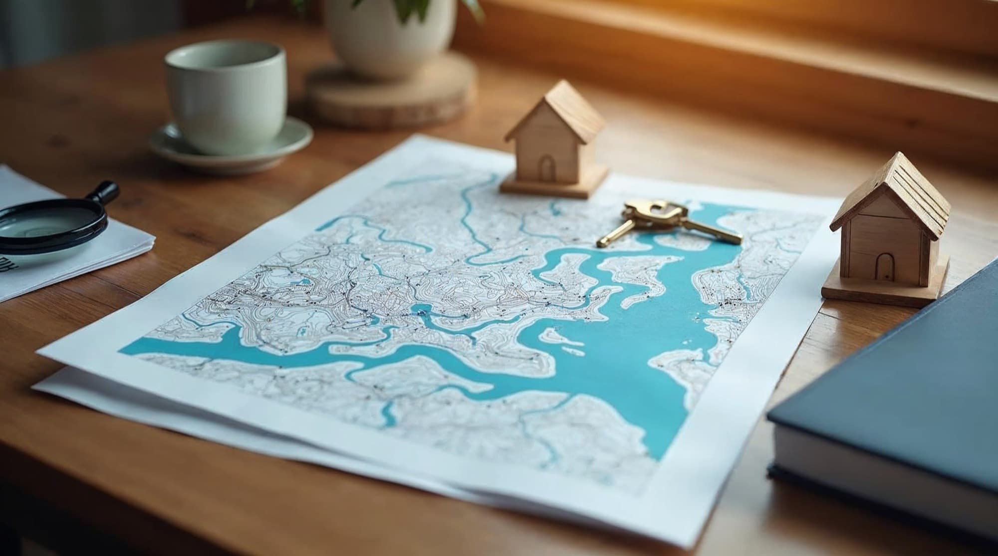 Wooden model homes, keys, and a magnifying glass arranged around an abstract blue flood-risk map