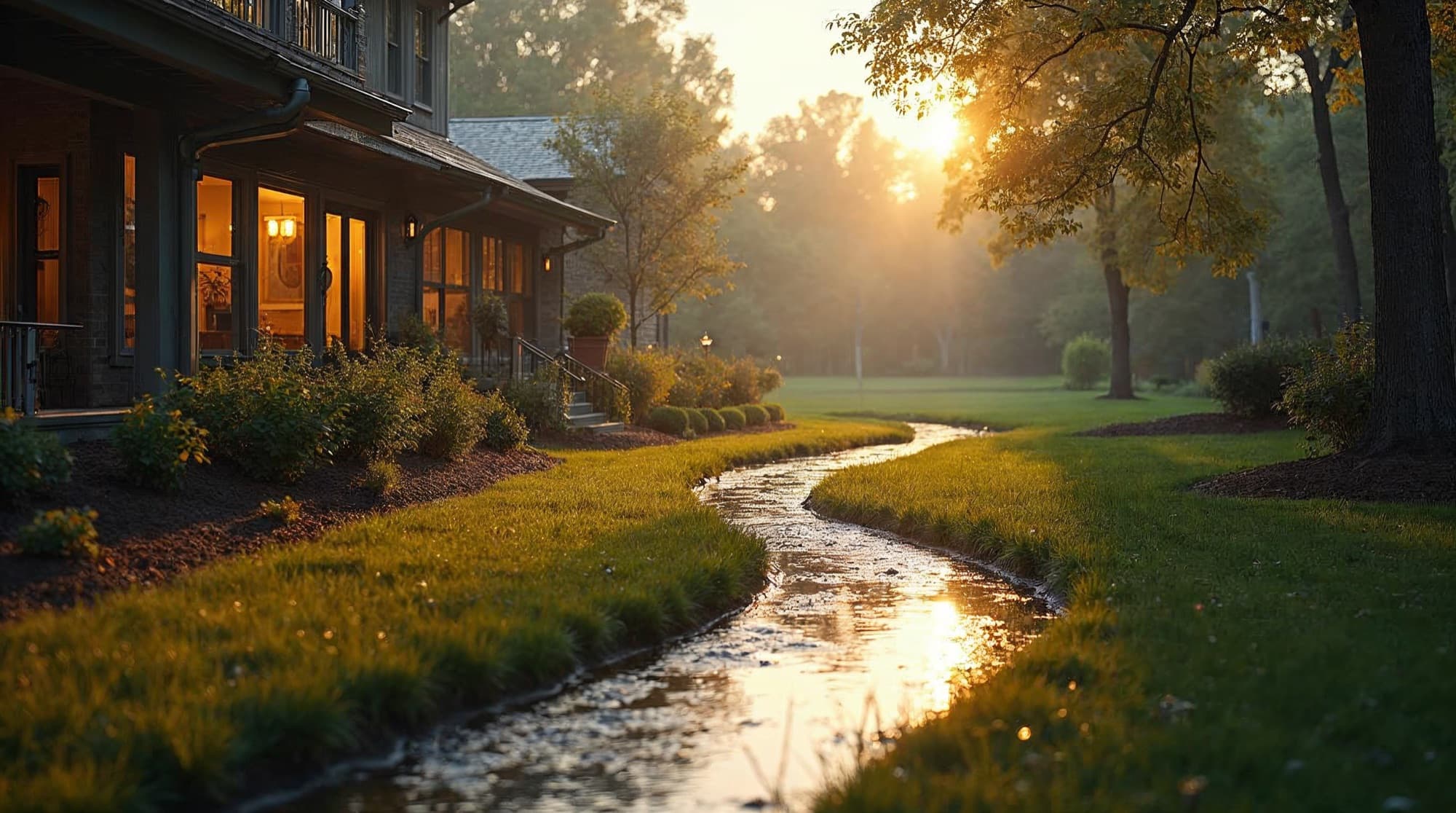 A conceptual Nashville house beside a landscaped drainage channel after rain