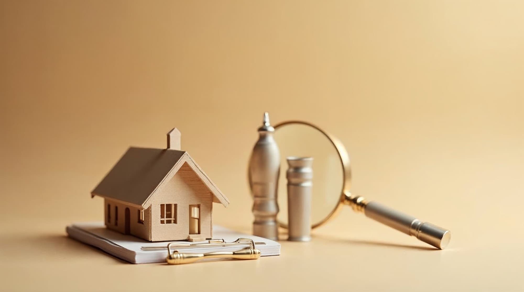 A conceptual home-inspection still life with a model house, magnifying glass, and metal tools