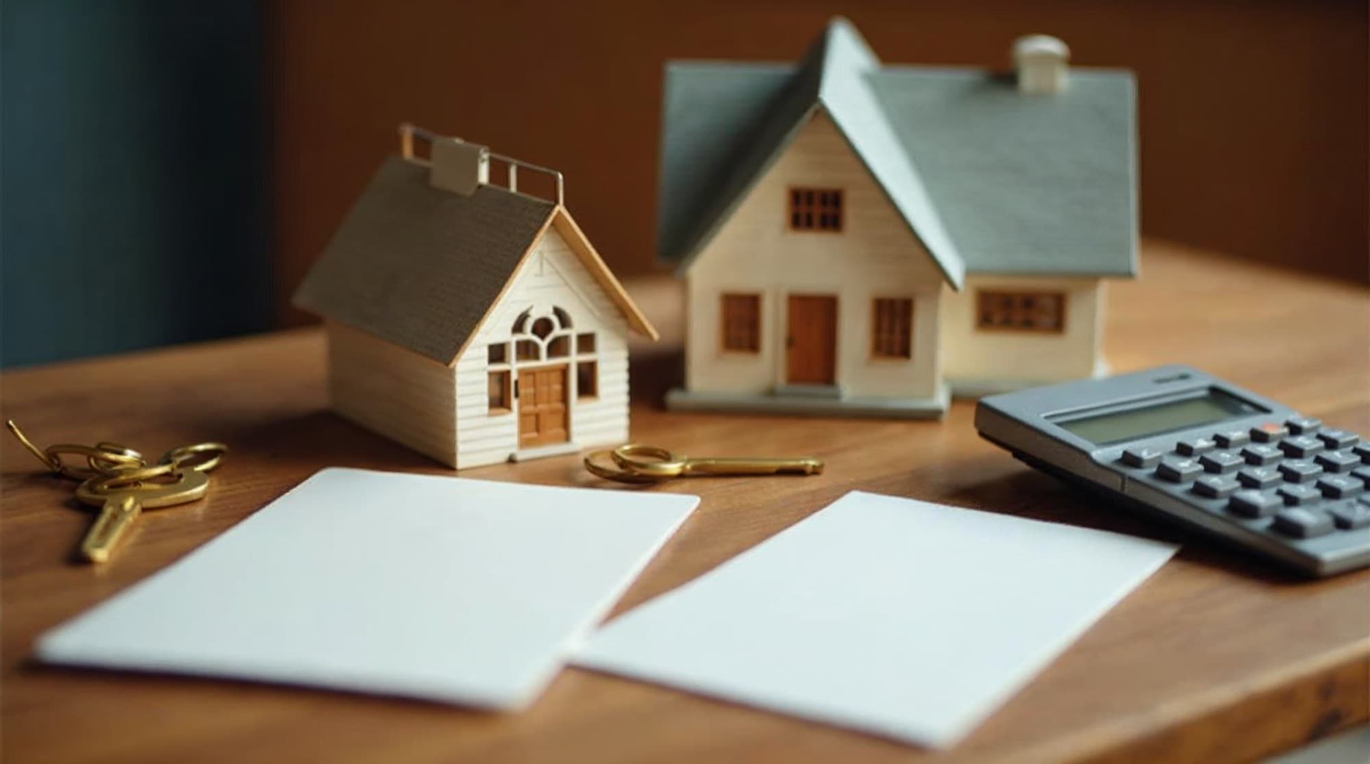 A conceptual home-sale strategy still life with two model houses, keys, a calculator, and two blank option cards