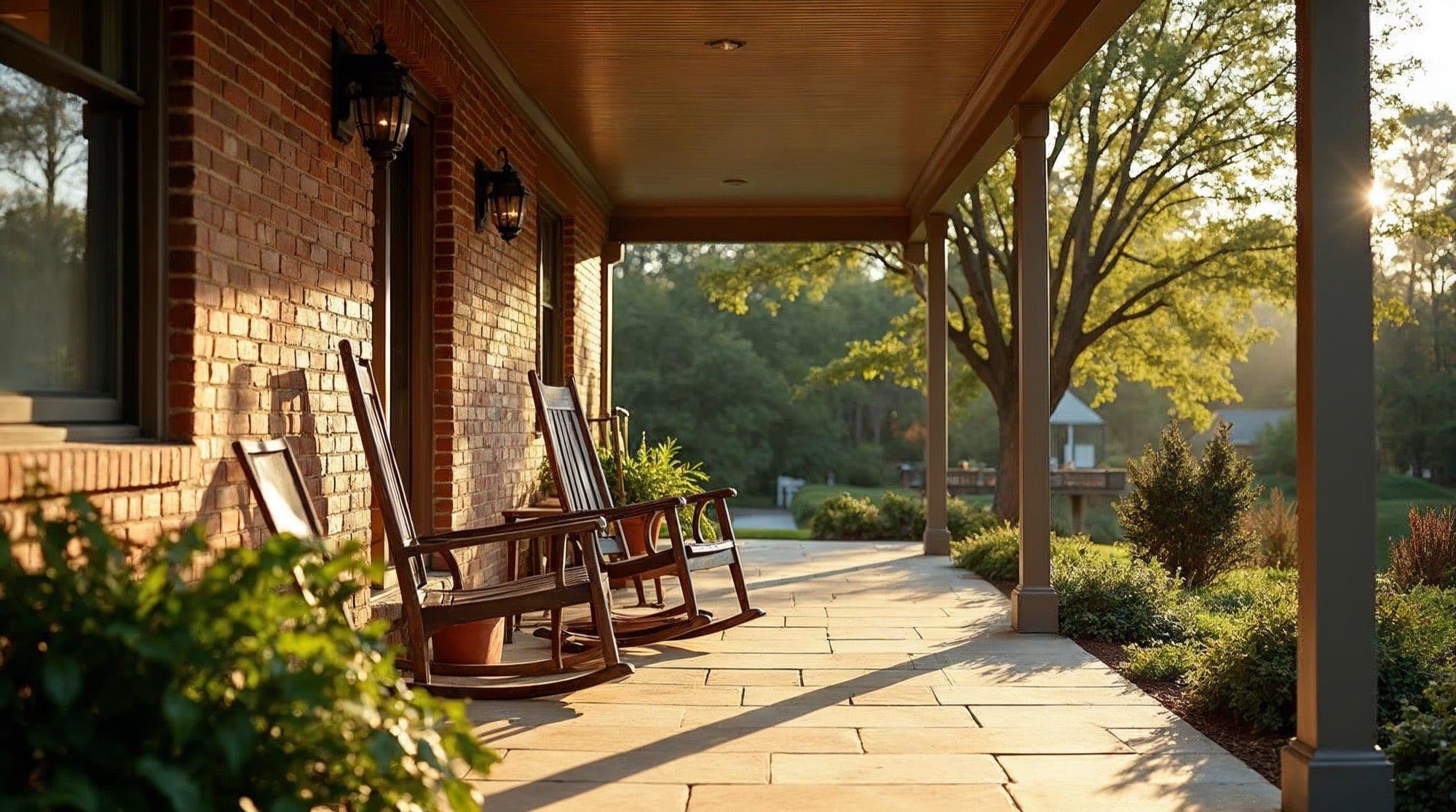 The sunlit front porch of a brick home, two empty rocking chairs beside potted ferns, mature shade trees beyond
