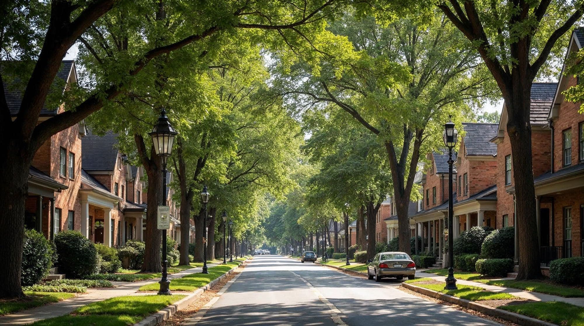 A tree-lined residential street of brick homes under a deep canopy of shade
