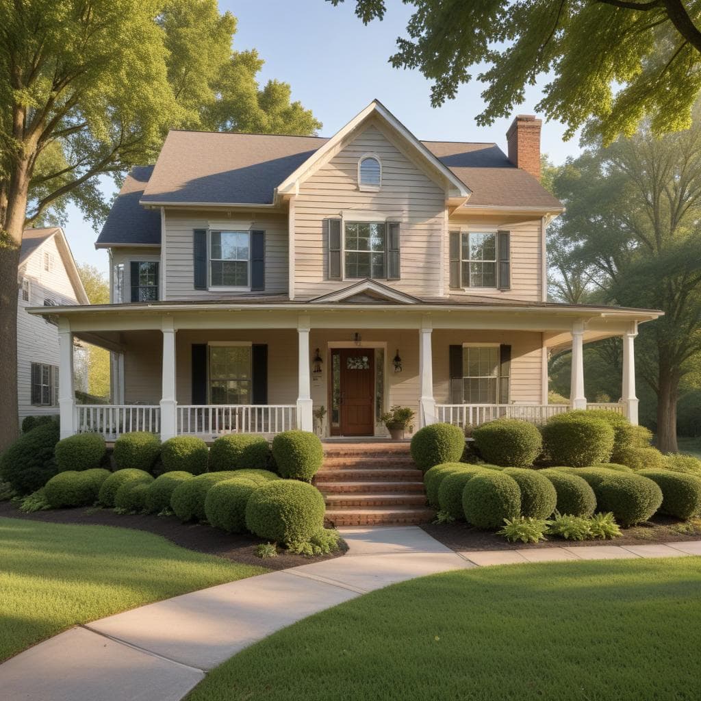 Quiet Nashville-area home exterior in soft morning light, showing a porch and yard where buyer diligence and radon testing often begin.