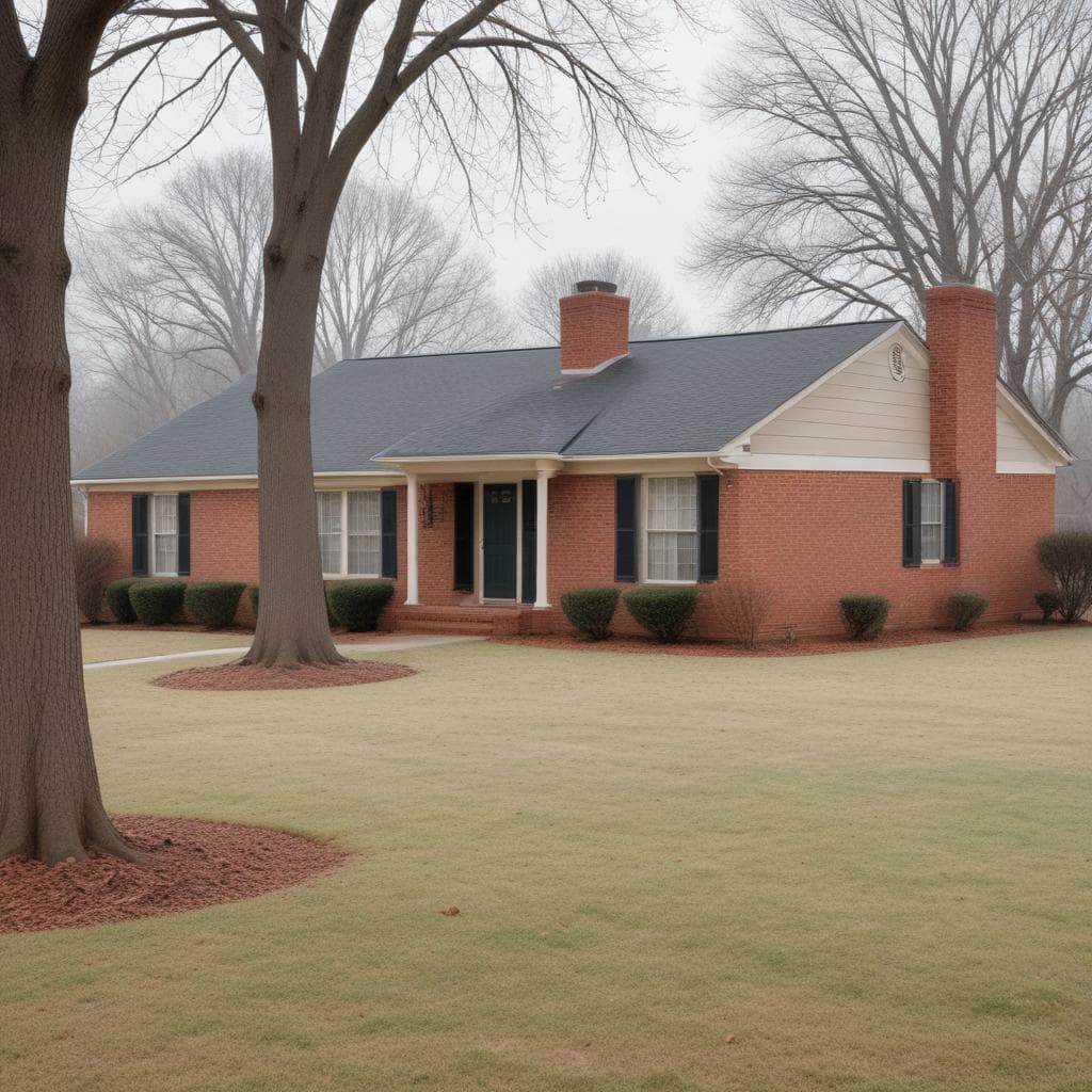 Quiet single-story red brick ranch home with dark shutters on an overcast winter day, dormant lawn and bare trees out front, the kind of empty listing that needs freeze protection.
