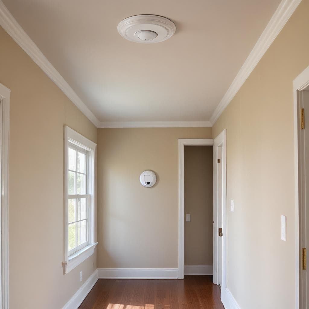 Empty upstairs hallway with beige walls and white trim, a round white smoke alarm on the ceiling, a small round white device on the far wall, a sunlit double-hung window, and a wood floor leading to open bedroom doors.