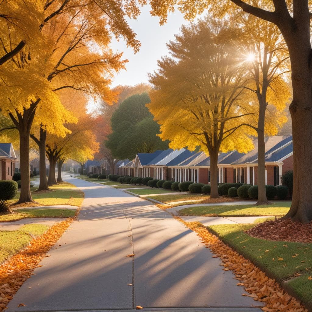 A quiet residential street in autumn, with a long row of single-story brick homes set back behind green lawns and trimmed shrubs, tall trees in bright yellow and orange leaves, and fallen leaves along the curb and sidewalk in low afternoon sun.