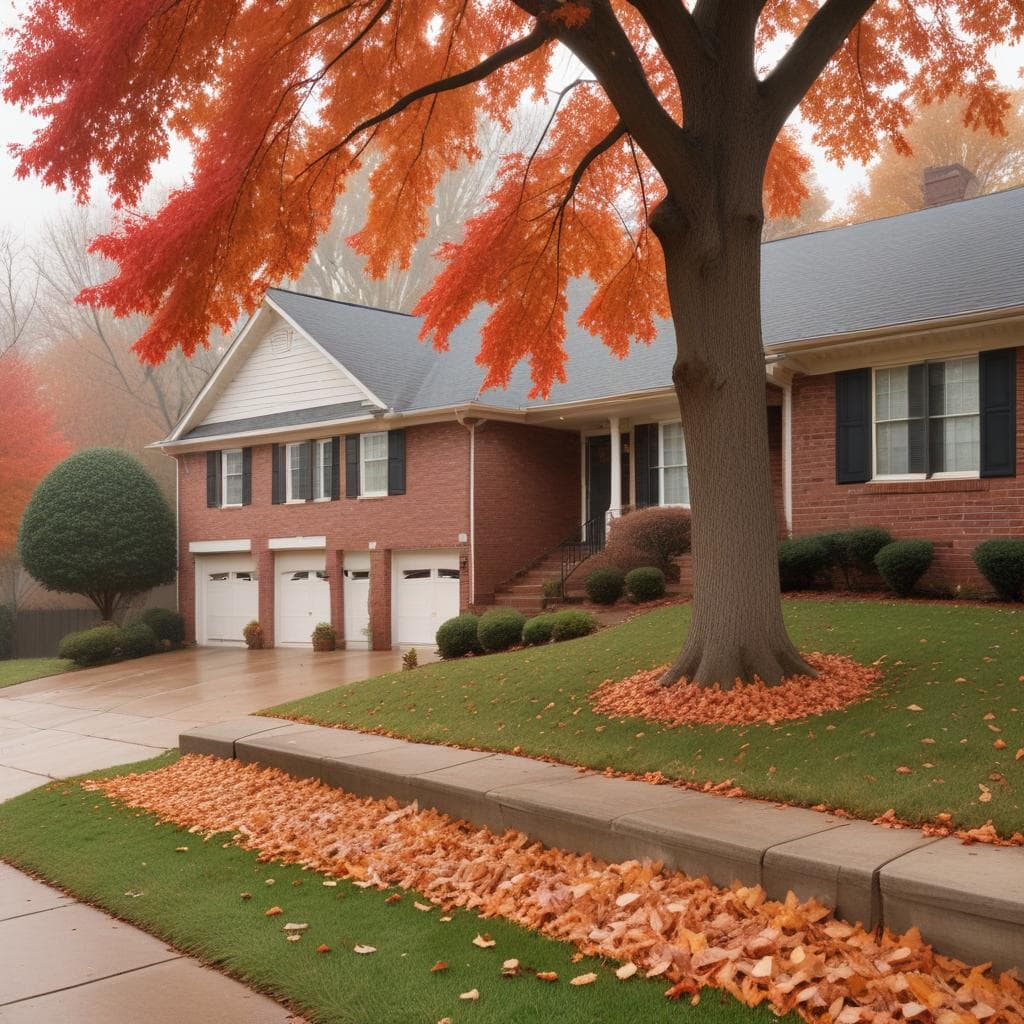 A red-brick ranch-style home with white garage doors sits beneath a maple tree with bright orange and red leaves, with fallen leaves along the lawn and curb on a misty autumn day.